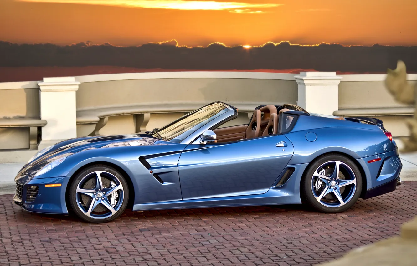 Фото обои закат, голубой, Ferrari, кабриолет, феррари, blue, sundown, cabrio