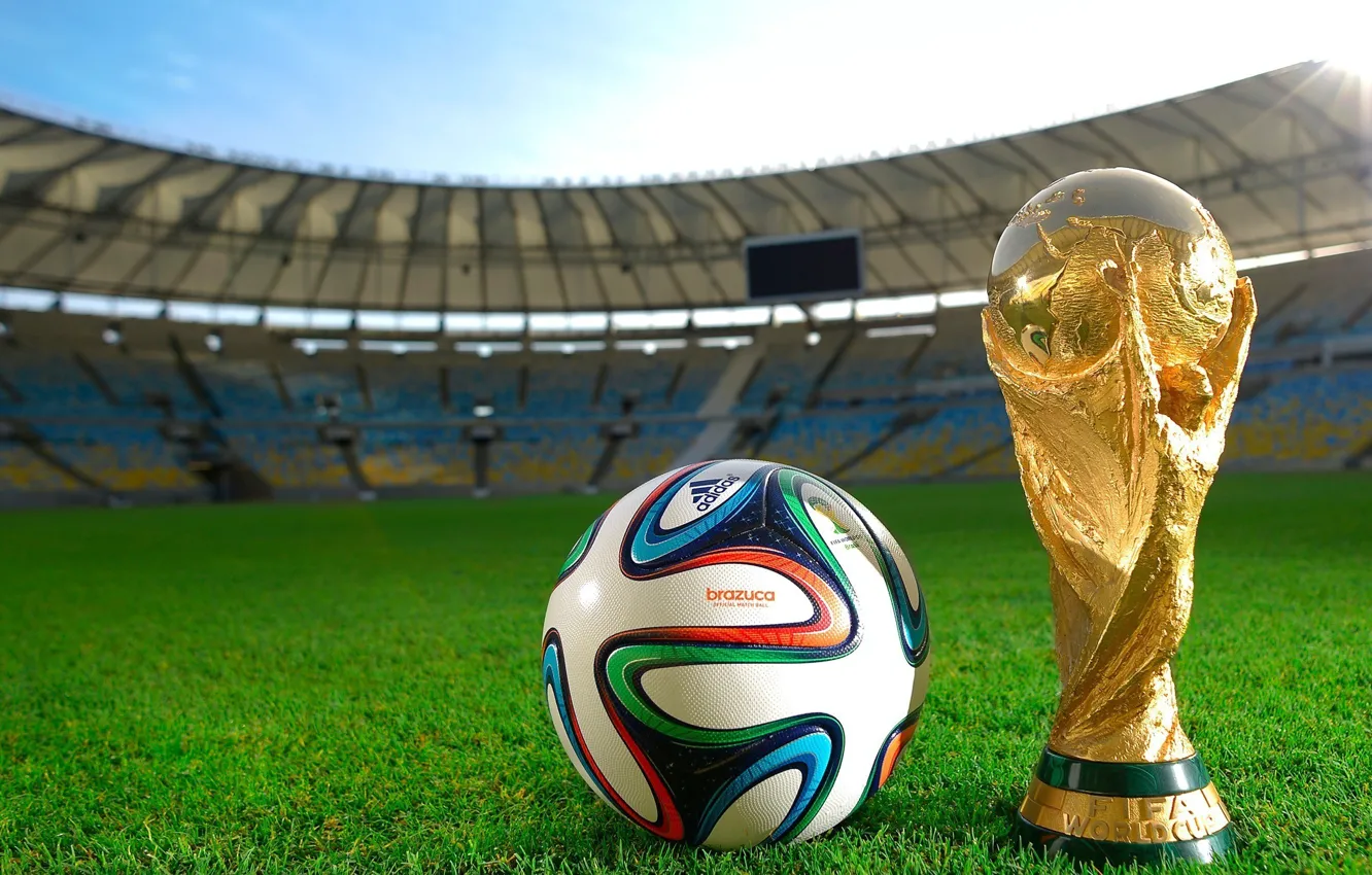Фото обои газон, футбол, мяч, трибуны, стадион, кубок, бразилия, чемпионат мира