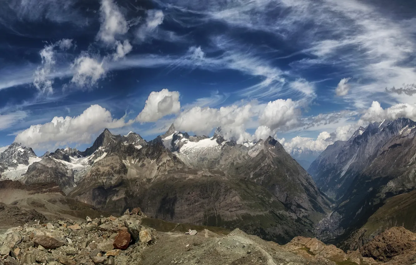 Фото обои небо, облака, горы, камни, Швейцария, Церматт
