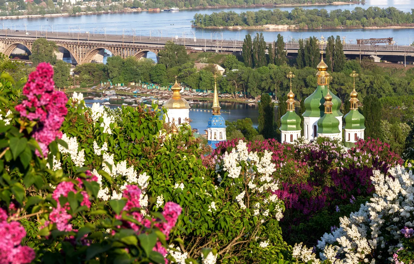 Фото обои мост, весна, панорама, храм, сирень, Киев, Днепр