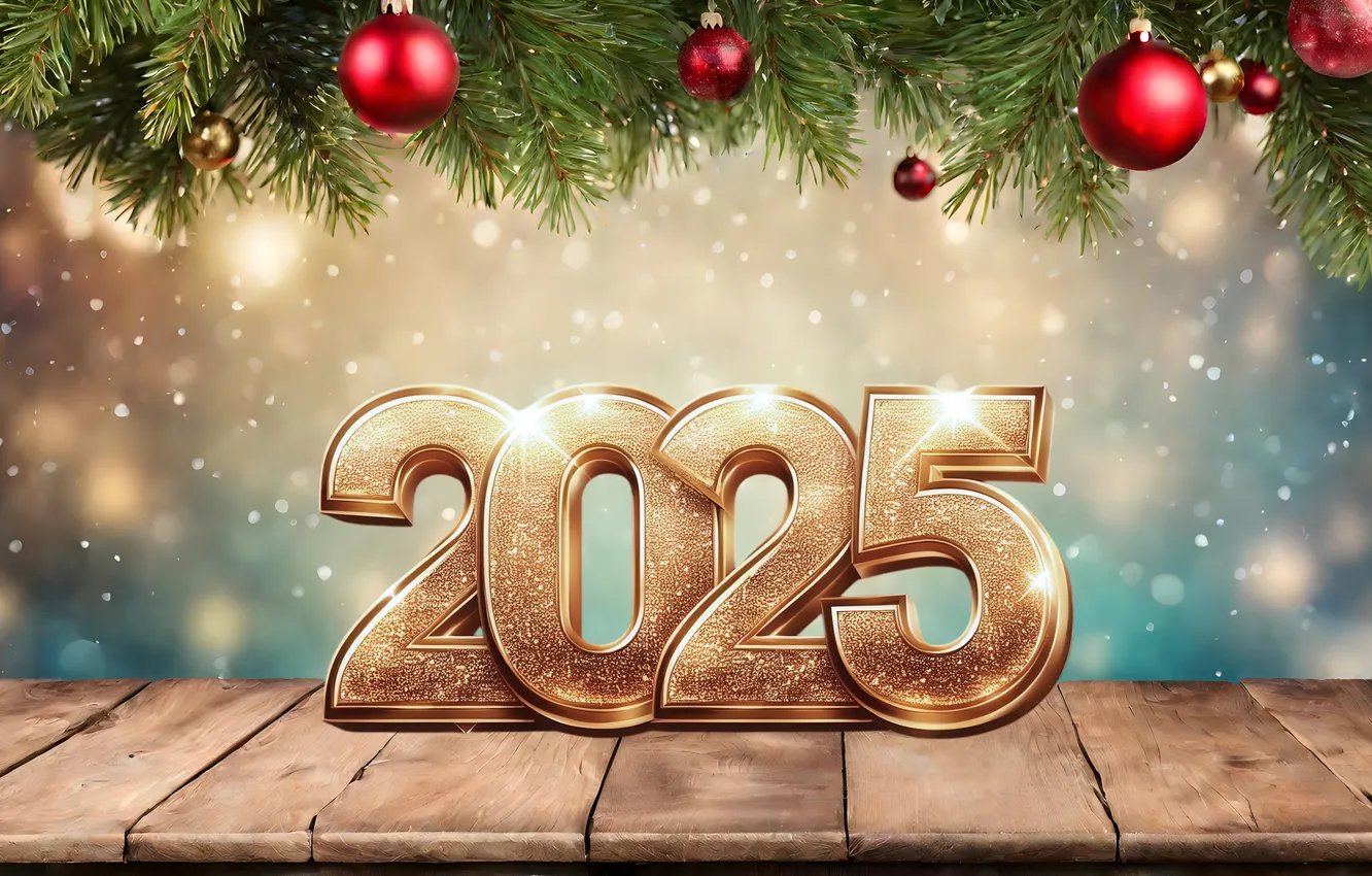 Фото обои снег, украшения, елка, цифры, Новый год, golden, new year, winter