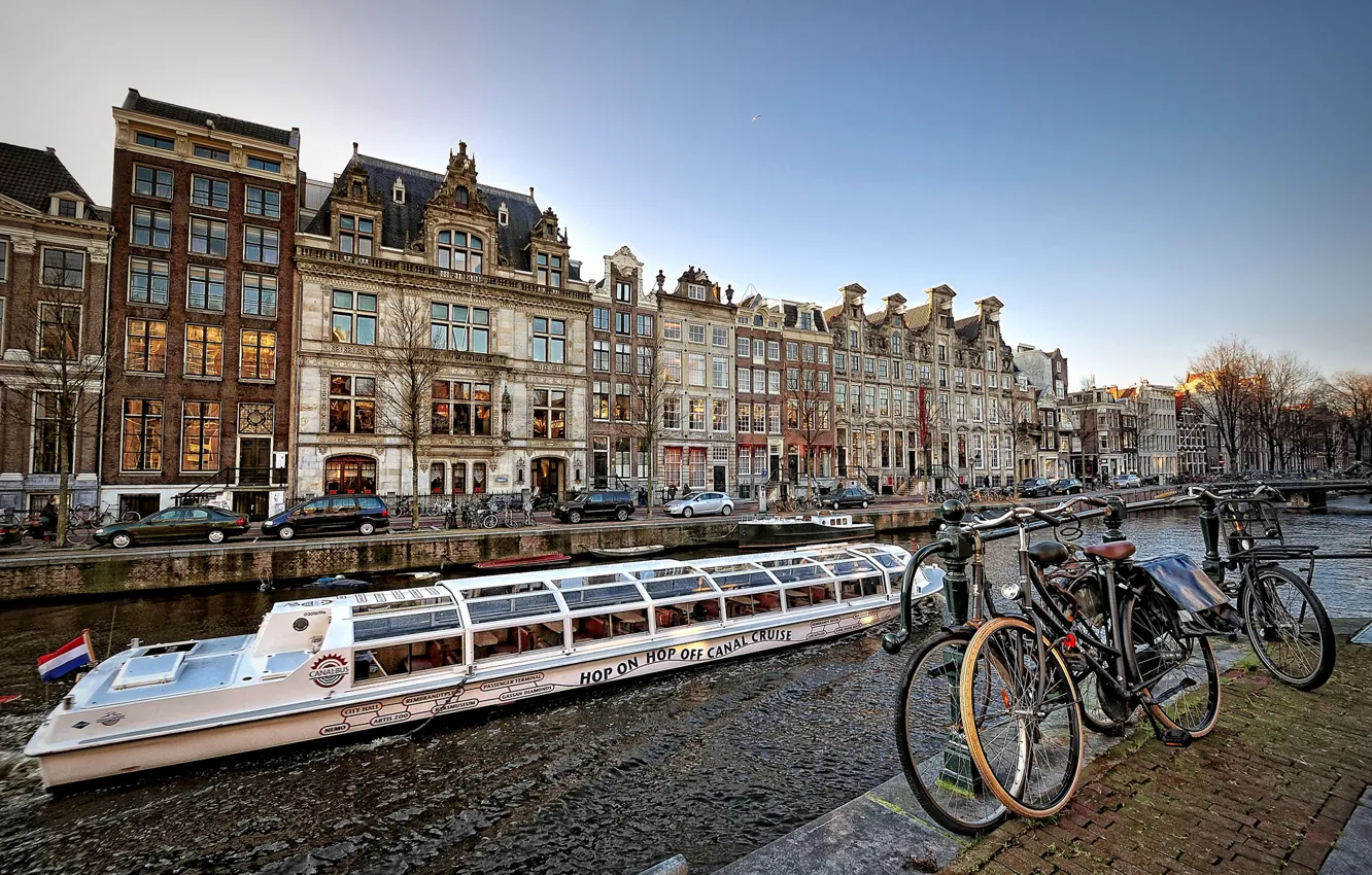 Фото обои велосипед, лодка, корабль, дома, канал, амстердам, nederland, amsterdam
