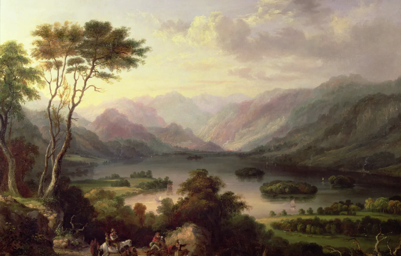 Фото обои озеро, люди, дерево, холмы, лошадь, ослы, Артур Хьюз, караванчик