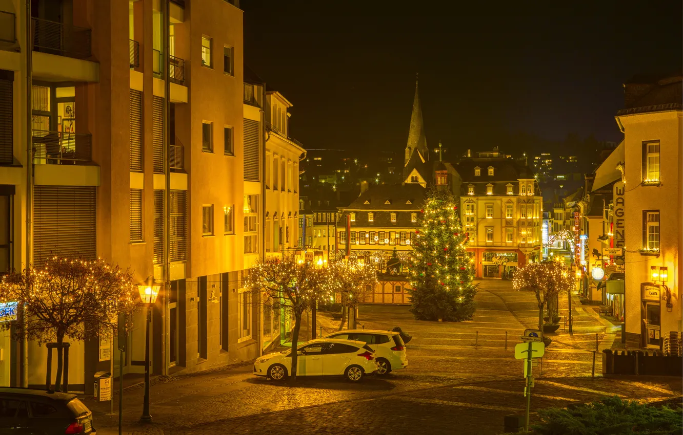 Фото обои ночь, город, фото, праздник, улица, елка, дома, Германия