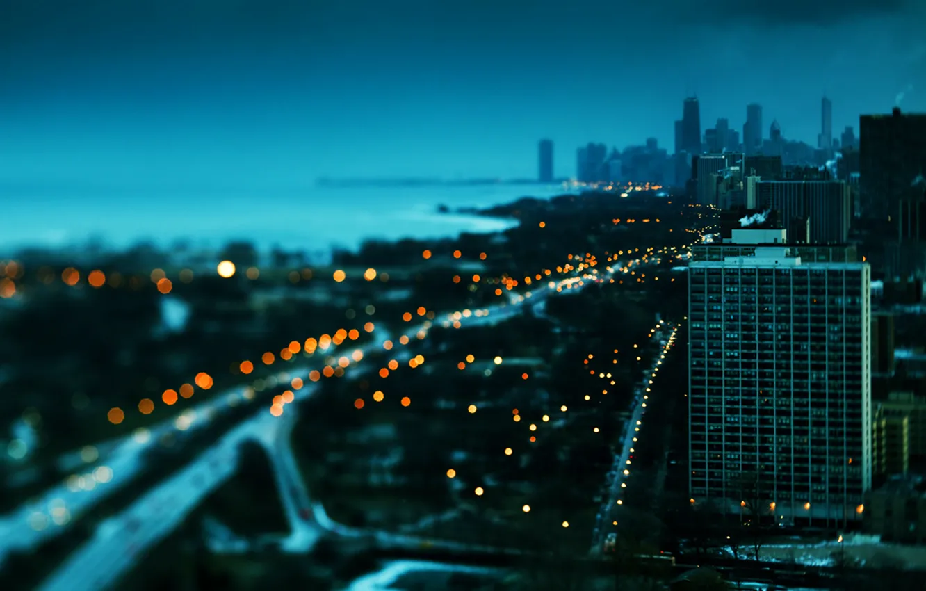 Фото обои зима, закат, огни, здания, небоскребы, Чикаго, красиво, америка