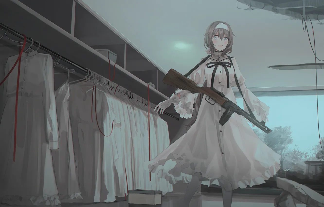 Фото обои девушка, оружие, арт, автомат, гардероб