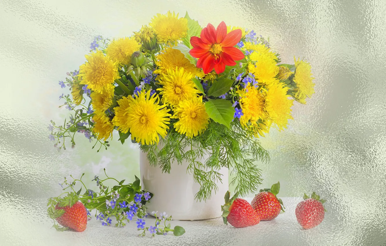 Фото обои лето, цветы, весна, клубника, натюрморт, одуванчики, обои на рабочий стол