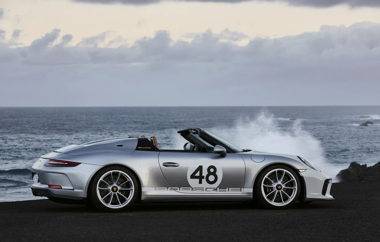 Фото обои море, 911, Porsche, профиль, Speedster, 991, 2019, серо-серебристый