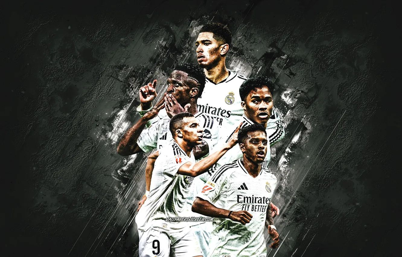Фото обои Football, Soccer, Real Madrid CF, RealMadrid, Kylian Mbappe, Rodrygo Goes, Vinicius Junior, Jude Bellingham