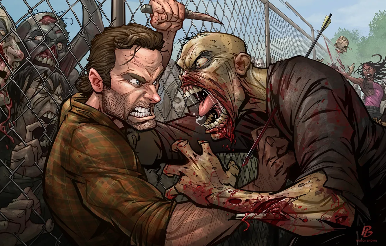 Фото обои zombie, art, Patrick Brown, The Walking Dead, PatrickBrown, Andrew Lincoln, rick grimes, michonne