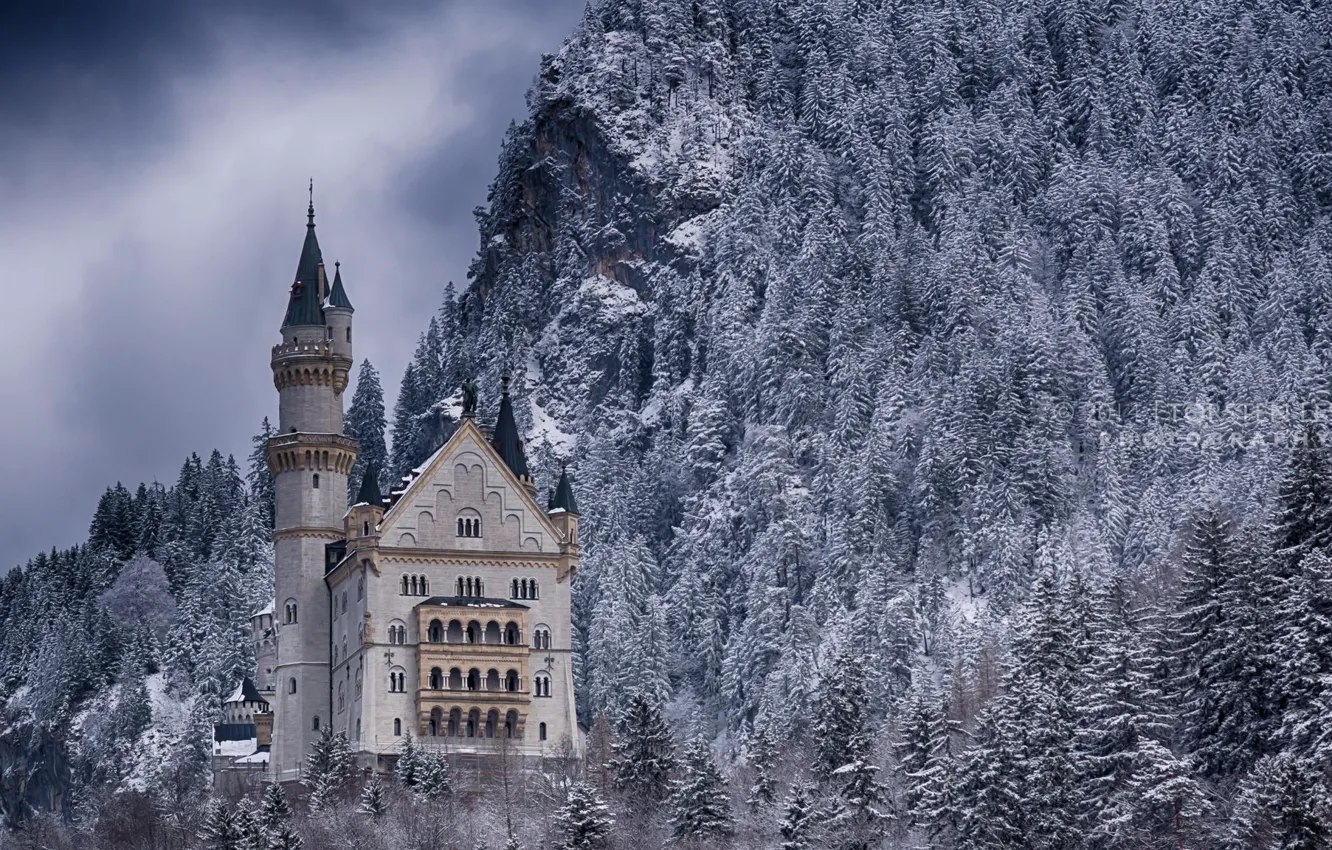 Фото обои зима, лес, снег, горы, замок, Германия