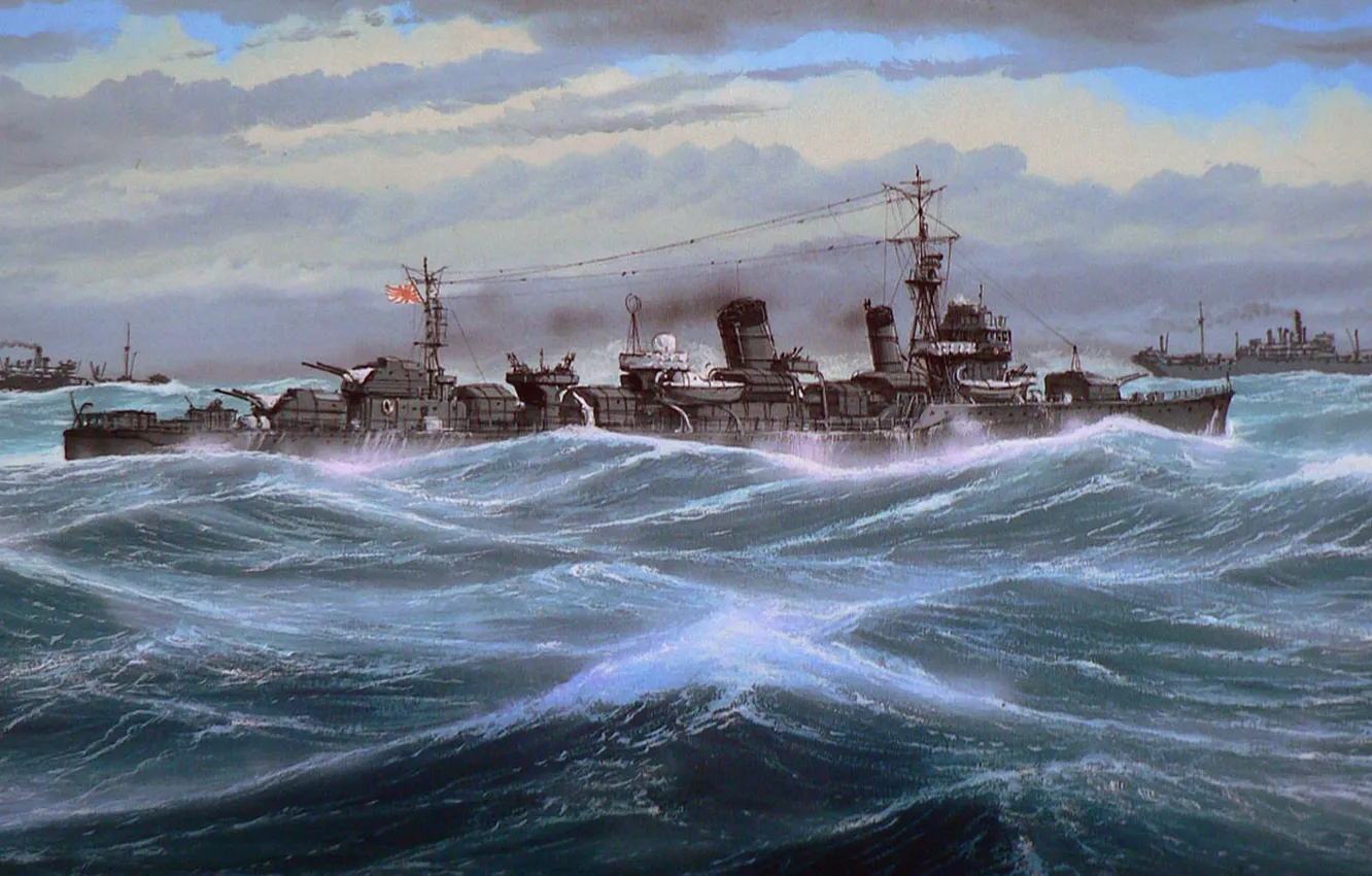 Фото обои транспорт, корабль, арт, флот, военный, конвой, японский, эсминец