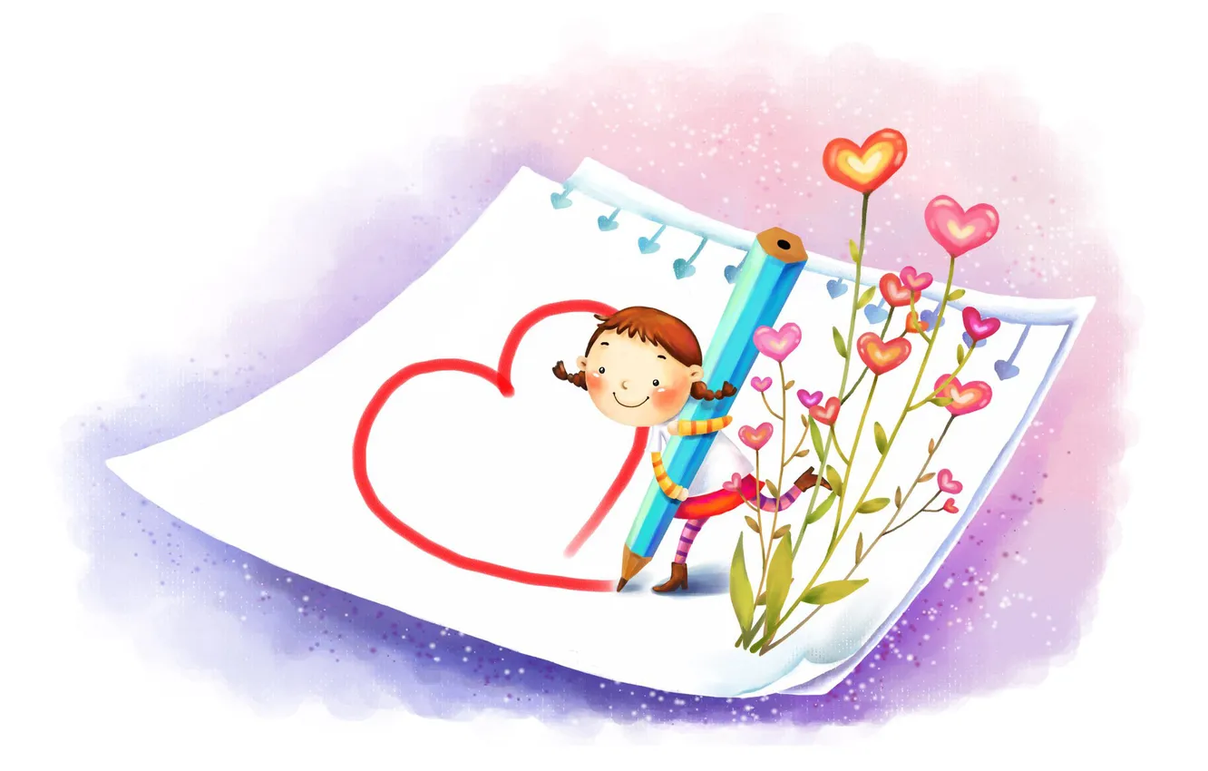 Фото обои бумага, рисунок, позитив, девочка, сердечки, карандаш, сапожки