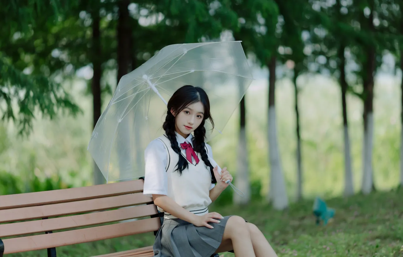 Фото обои Beautiful, Asian, Model, Umbrella, Woman, Trees, Pretty, Sitting
