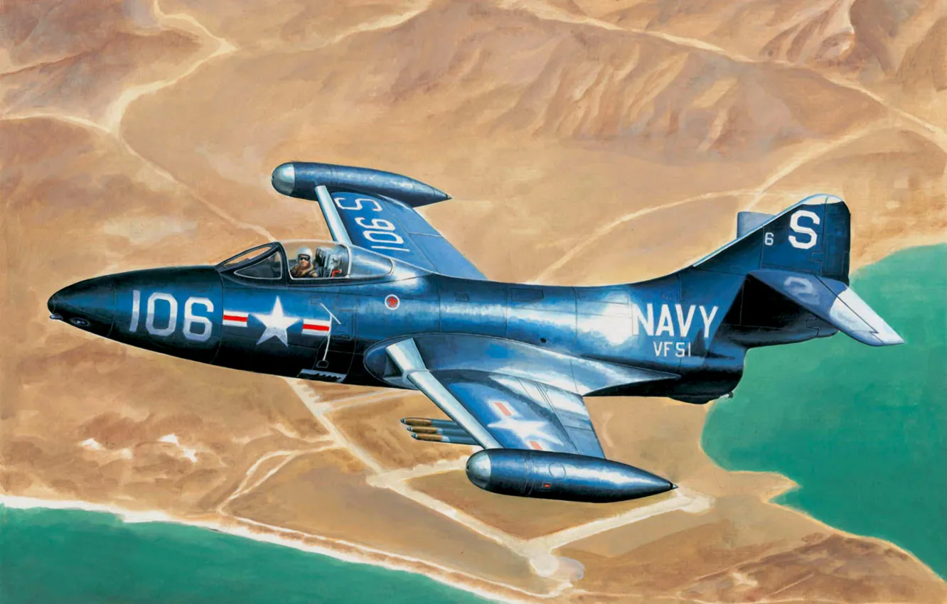 Фото обои war, art, airplane, painting, aviation, jet, Grumman F9F Panther