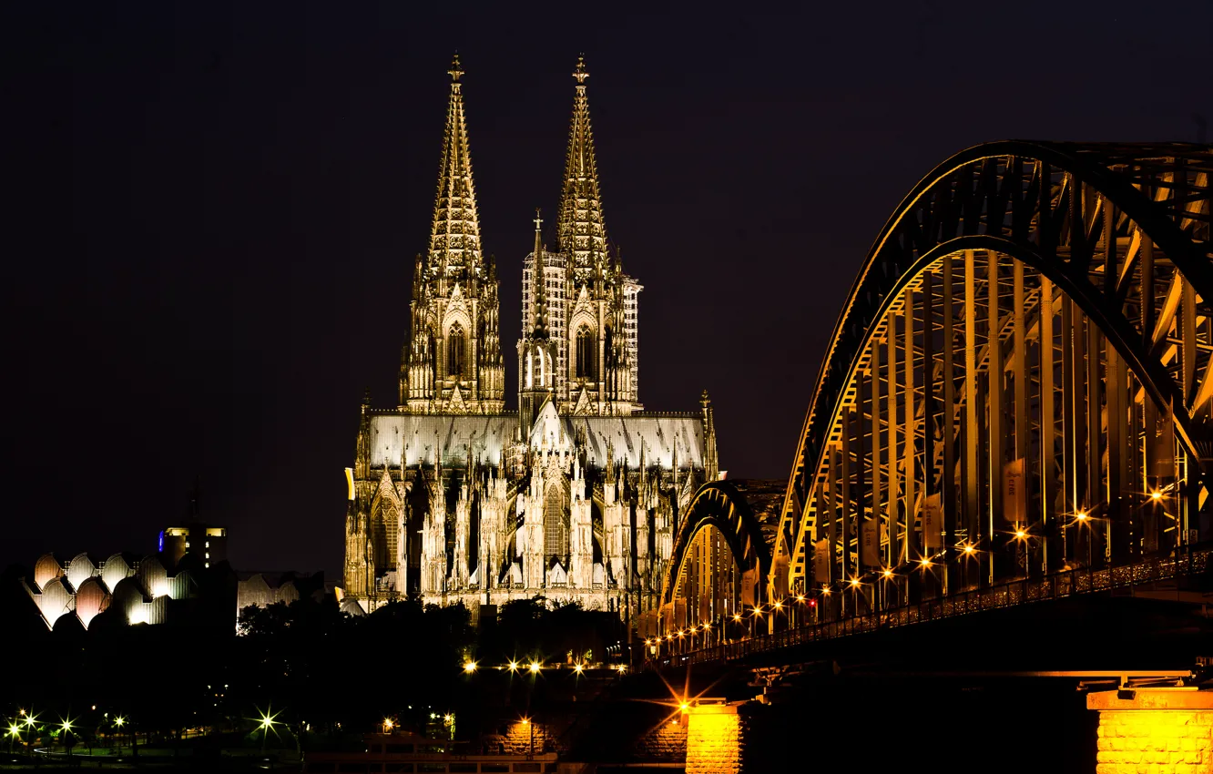 Фото обои свет, ночь, мост, город, река, Германия, церковь, Germany