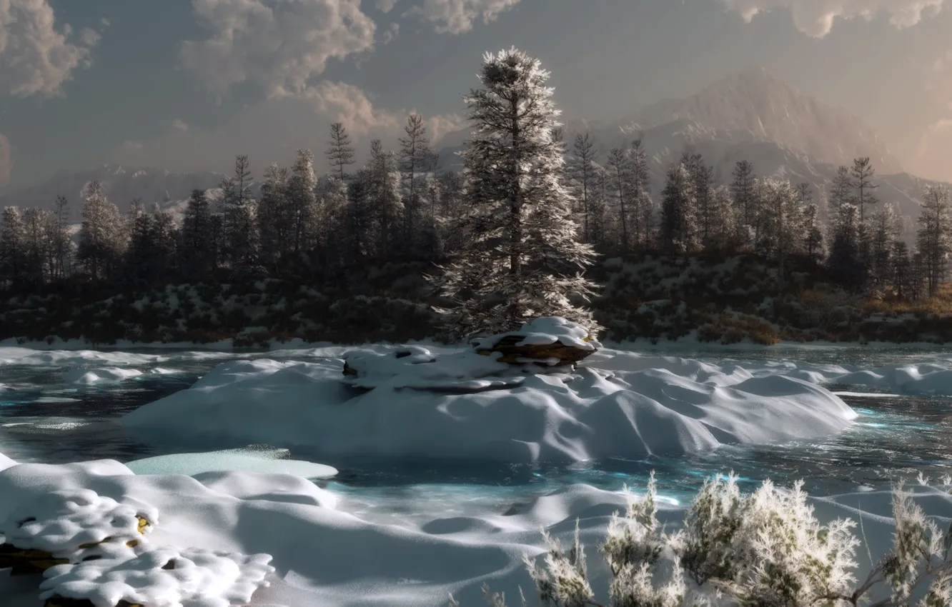 Фото обои зима, лес, снег, пейзаж