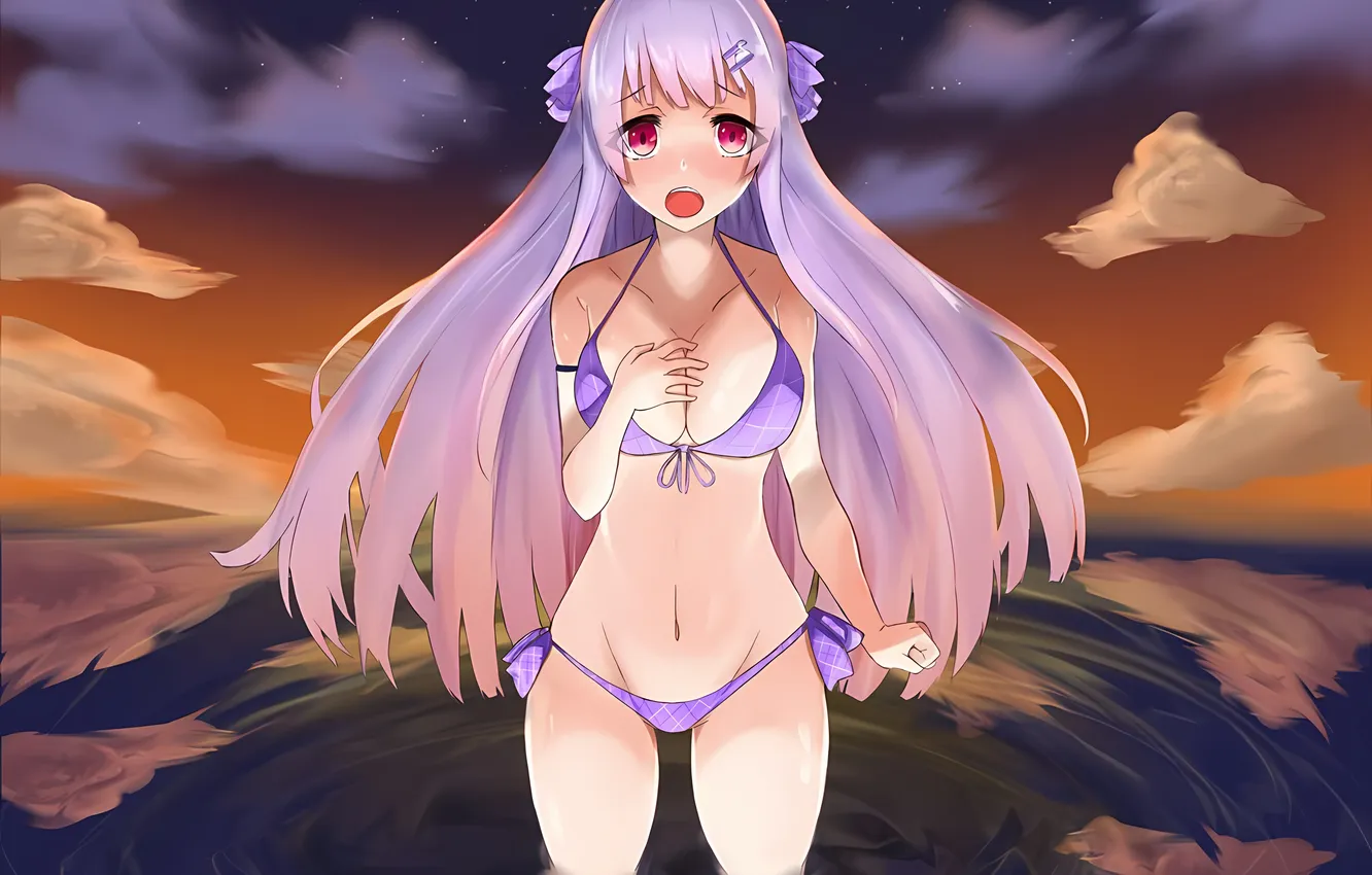 Фото обои girl, sexy, cleavage, long hair, boobs, sexy girl, sunset, anime