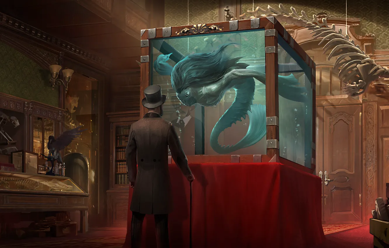 Фото обои человек, книги, аквариум, шляпа, существо, двери, арт, трость