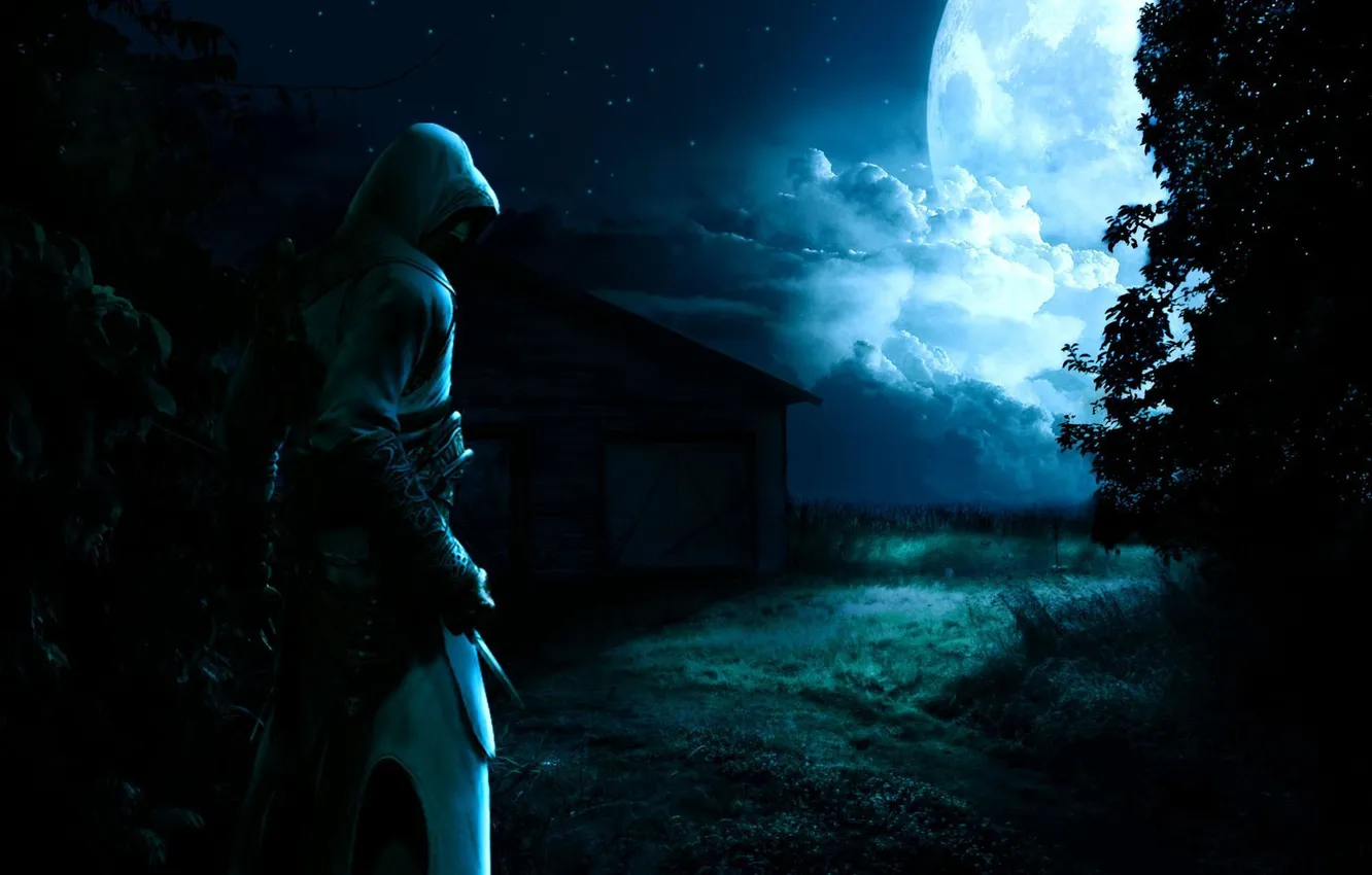 Фото обои Ночь, Assassins Creed, Тьма, Полнолуние, Альтаир