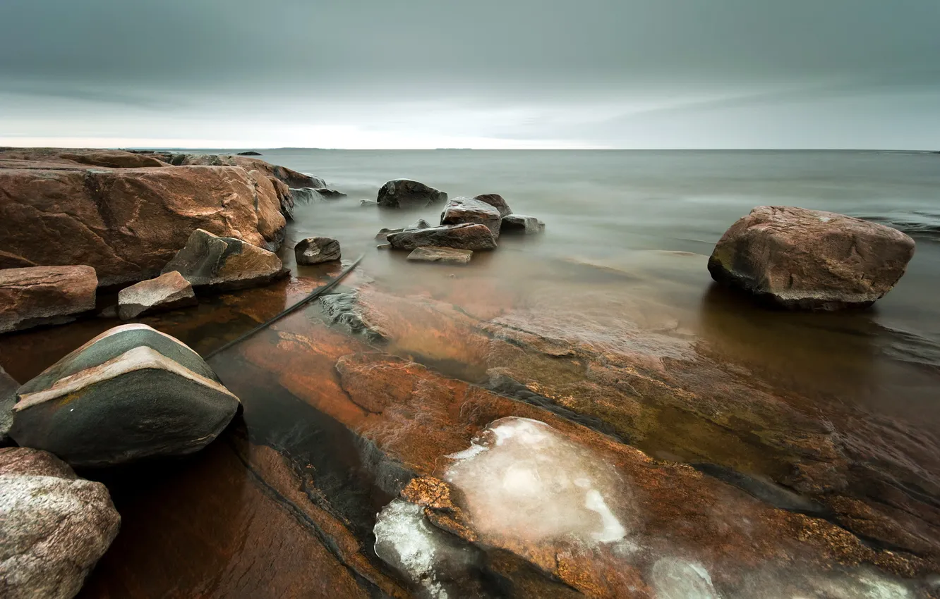 Фото обои природа, озеро, камни, лёд