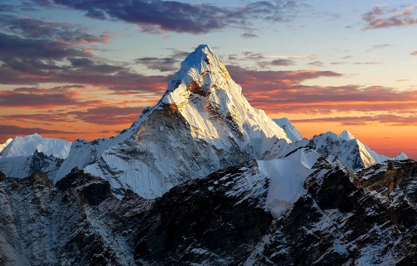 Фото обои sky, landscape, nature, sunset, clouds, mountain, rocks, snow