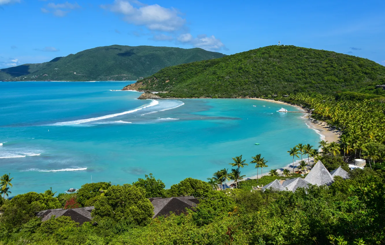 Фото обои море, зелень, солнце, горы, тропики, пальмы, побережье, Мальдивы