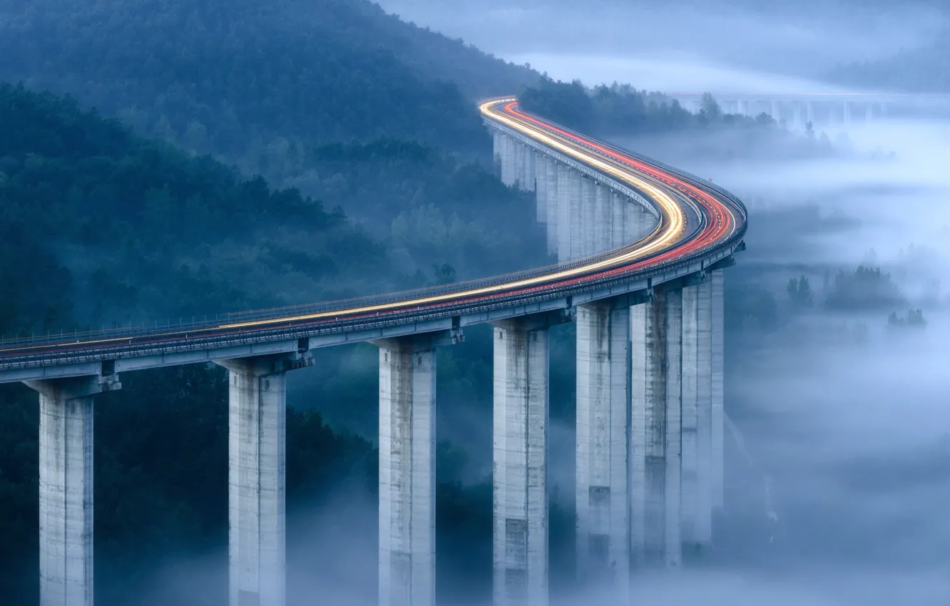 Фото обои свет, мост, огни, туман, утро