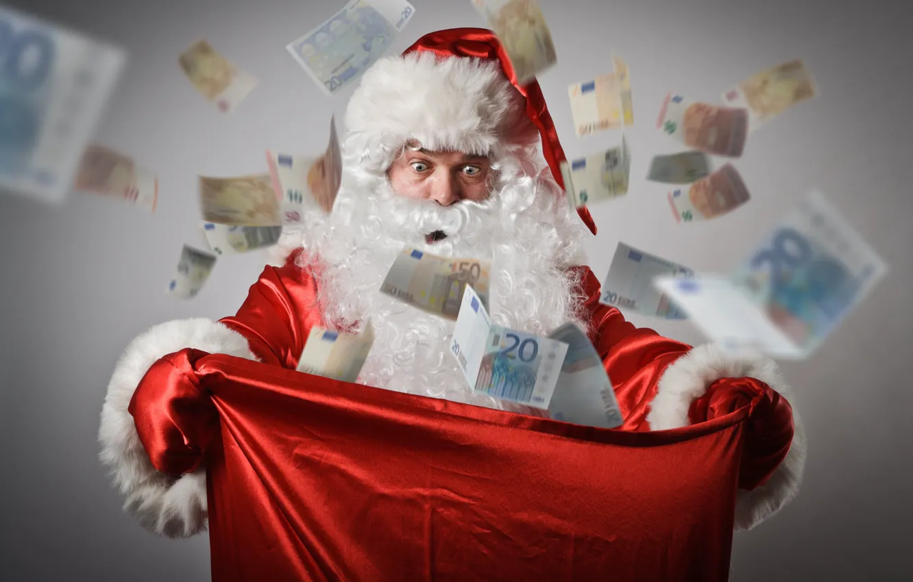 Фото обои Рождество, Новый год, Деньги, New Year, Merry Christmas, Санта-Клаус, Евро, Мешок