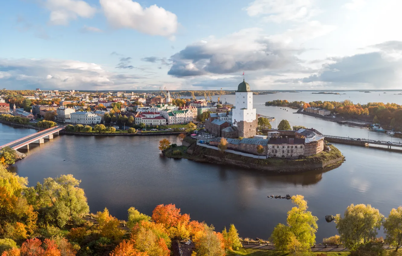 Фото обои осень, мост, город, замок, остров, дома, Финский залив, Выборг