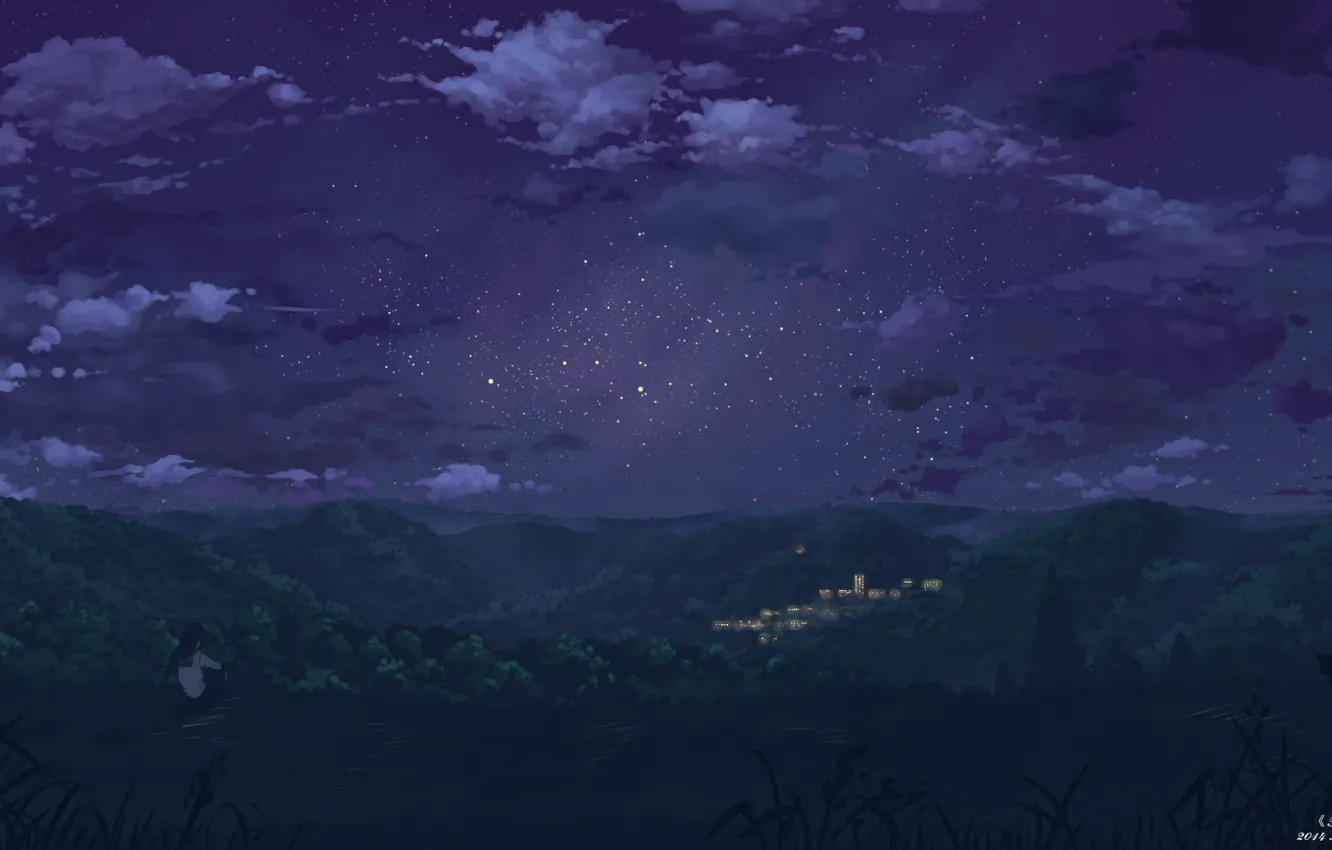 Фото обои небо, девушка, звезды, облака, деревья, ночь, природа, город