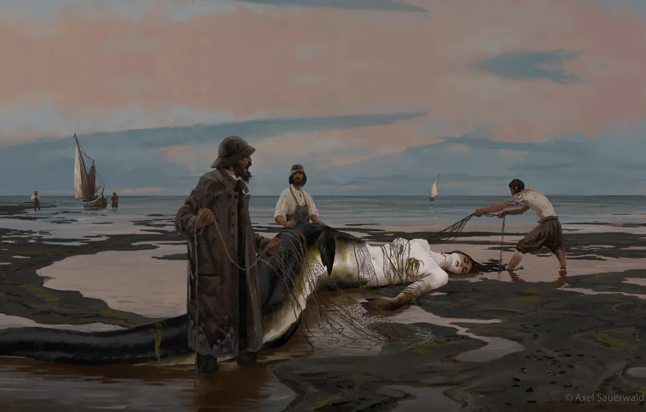 Фото обои берег, русалка, арт, рыбаки, Mermaid, Axel Sauerwald