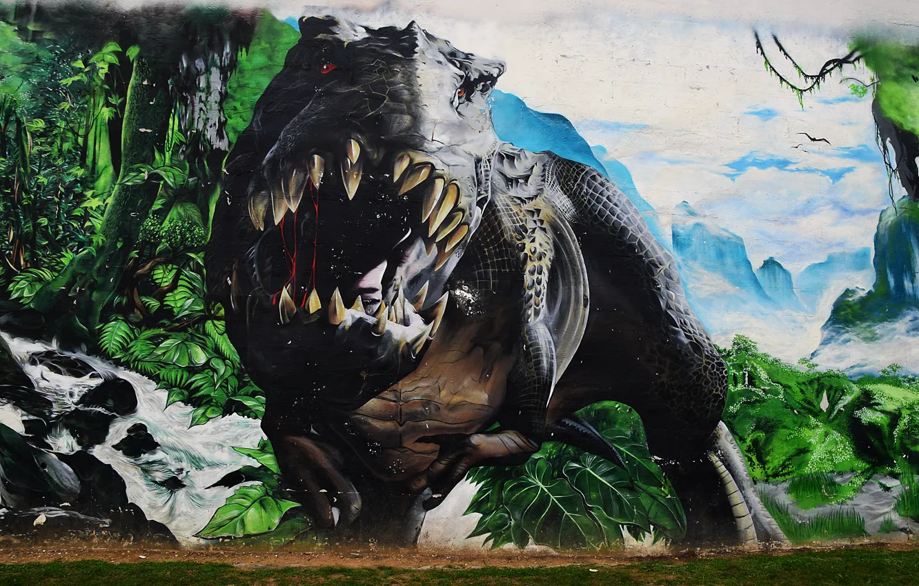 Фото обои стена, граффити, динозавр, пасть, Graffiti, рык, T-Rex