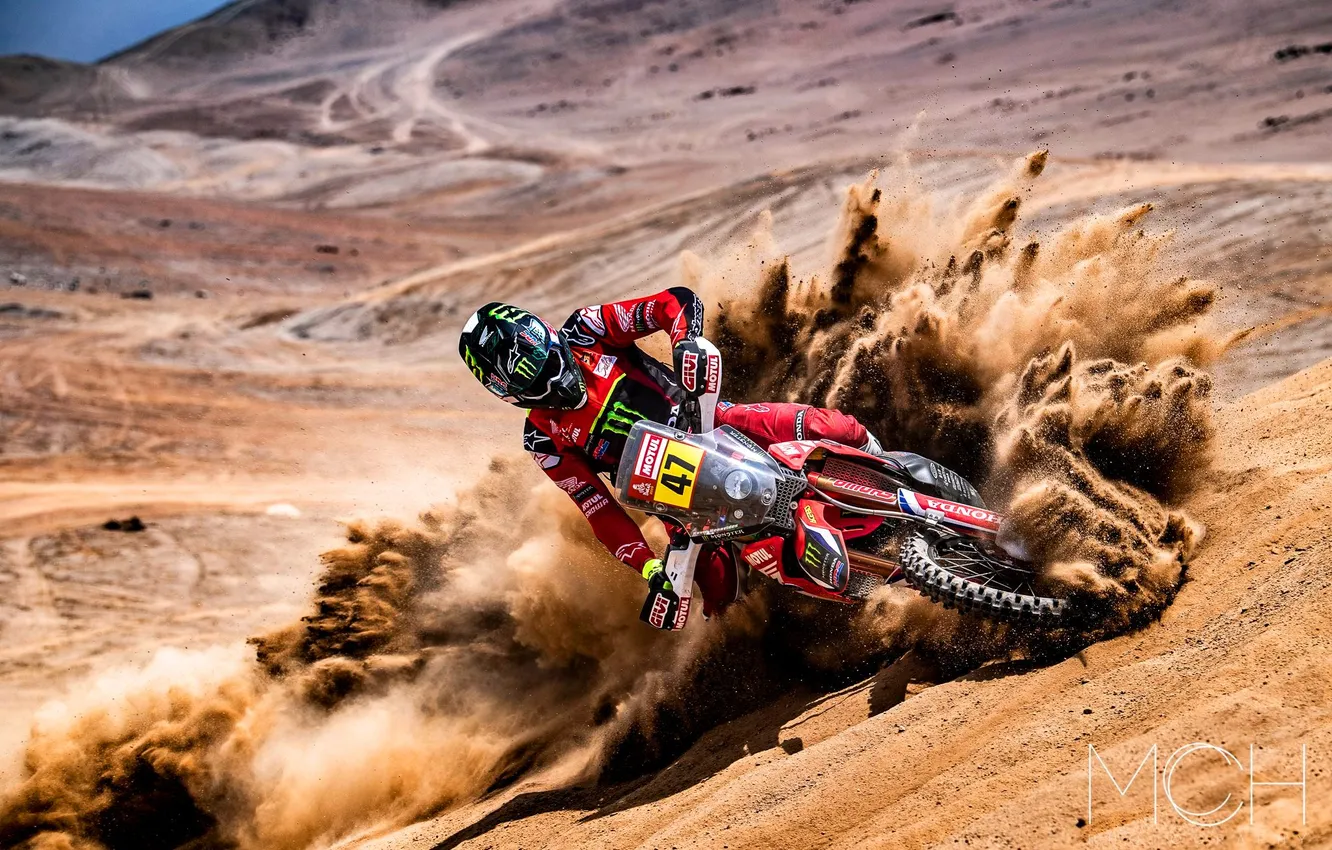 Фото обои песок, гонка, пустыня, Мотоцикл, Honda, rally, desert, ралли