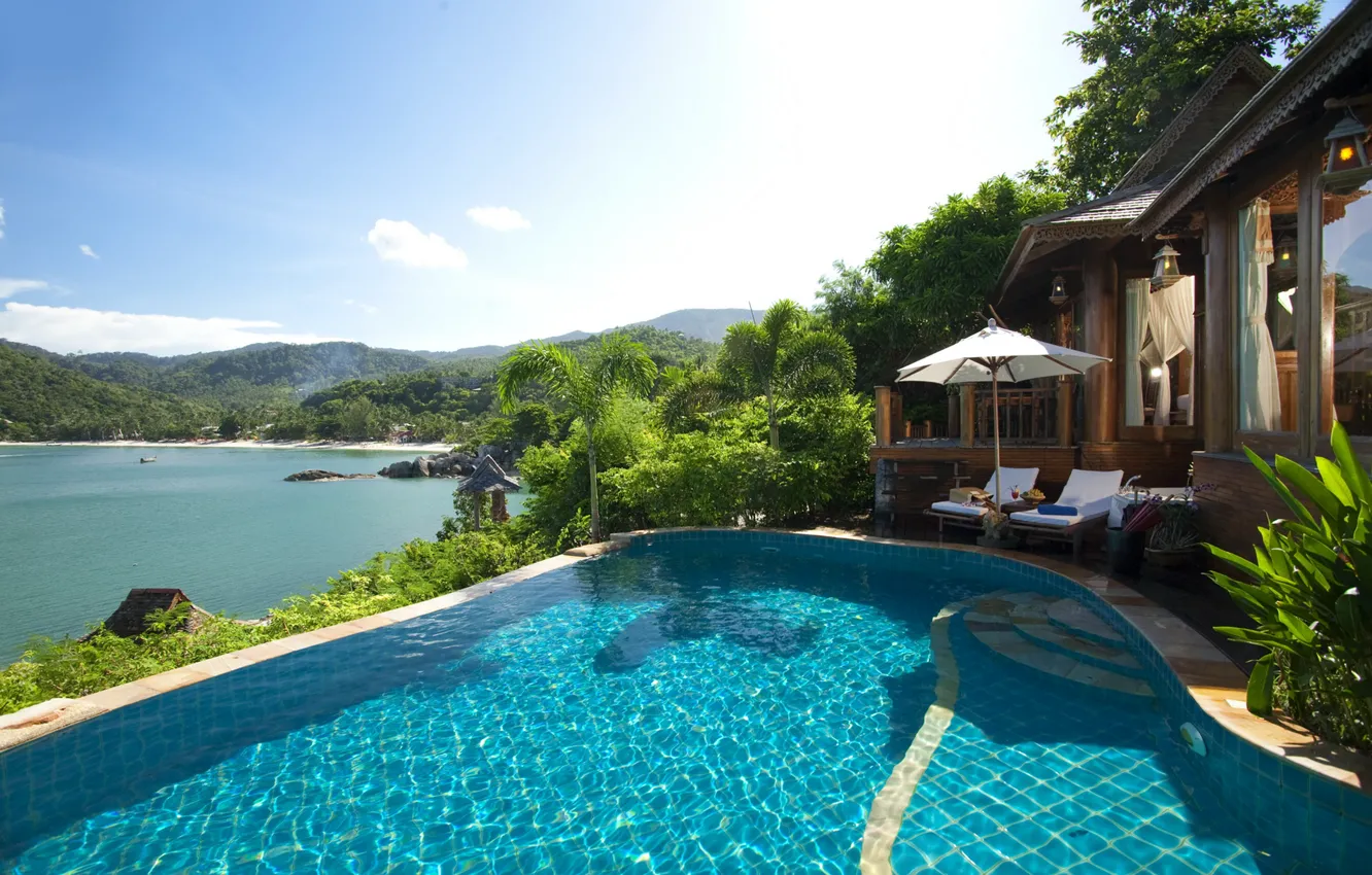 Фото обои pool, ocean, luxury, Villa, palms