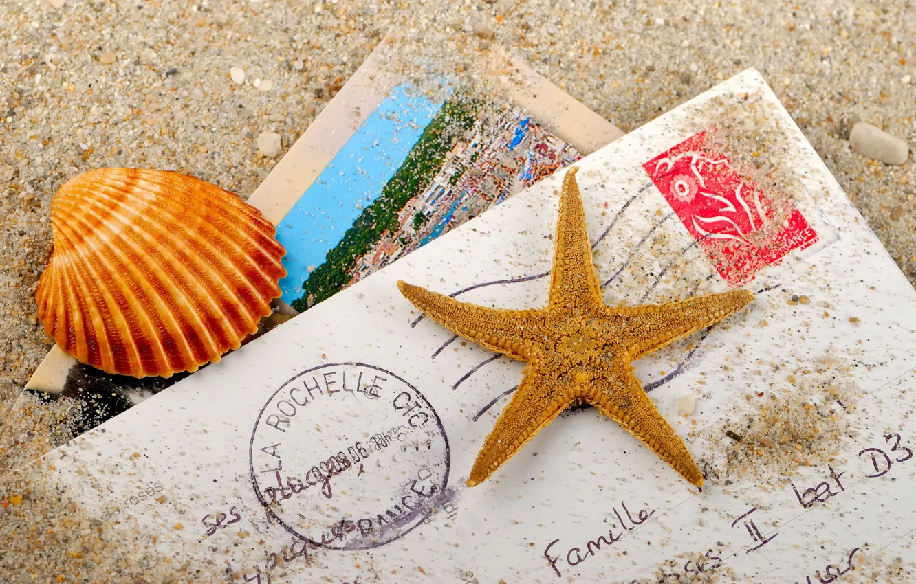 Фото обои песок, письмо, ракушка, морская звезда