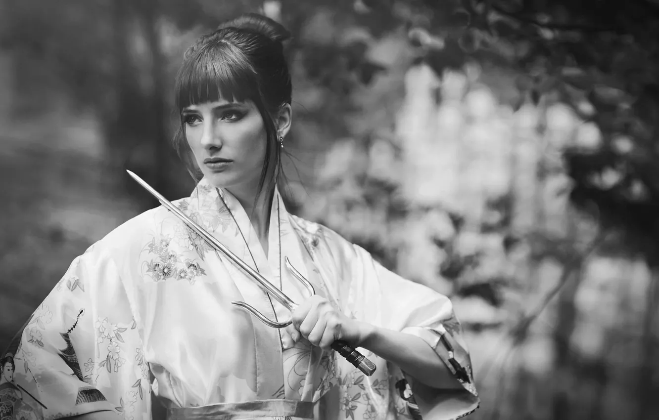 Фото обои weapon, redhead, sai, susan coffey, martial arts, black &amp; white, cultural, chinese outfit