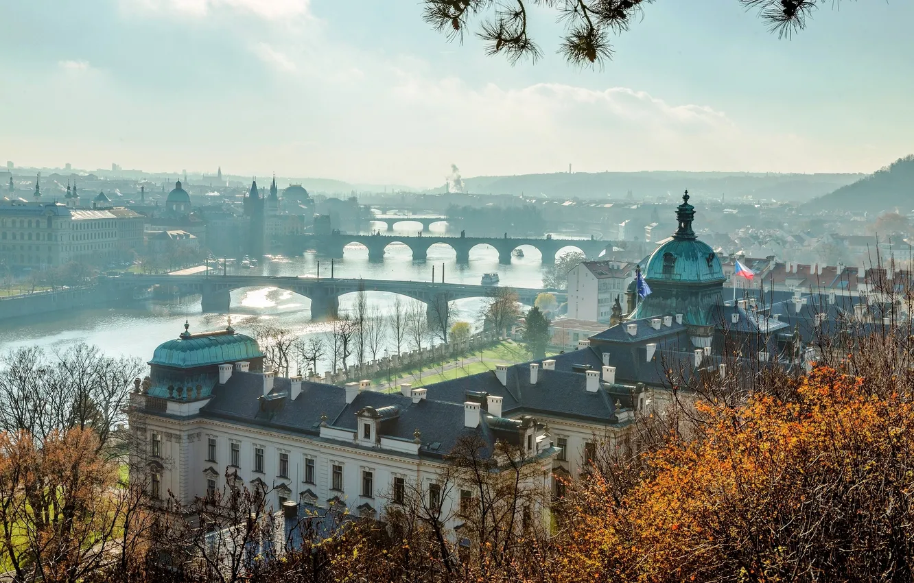 Фото обои город, река, вид, здания, Прага, Чехия, панорама, архитектура