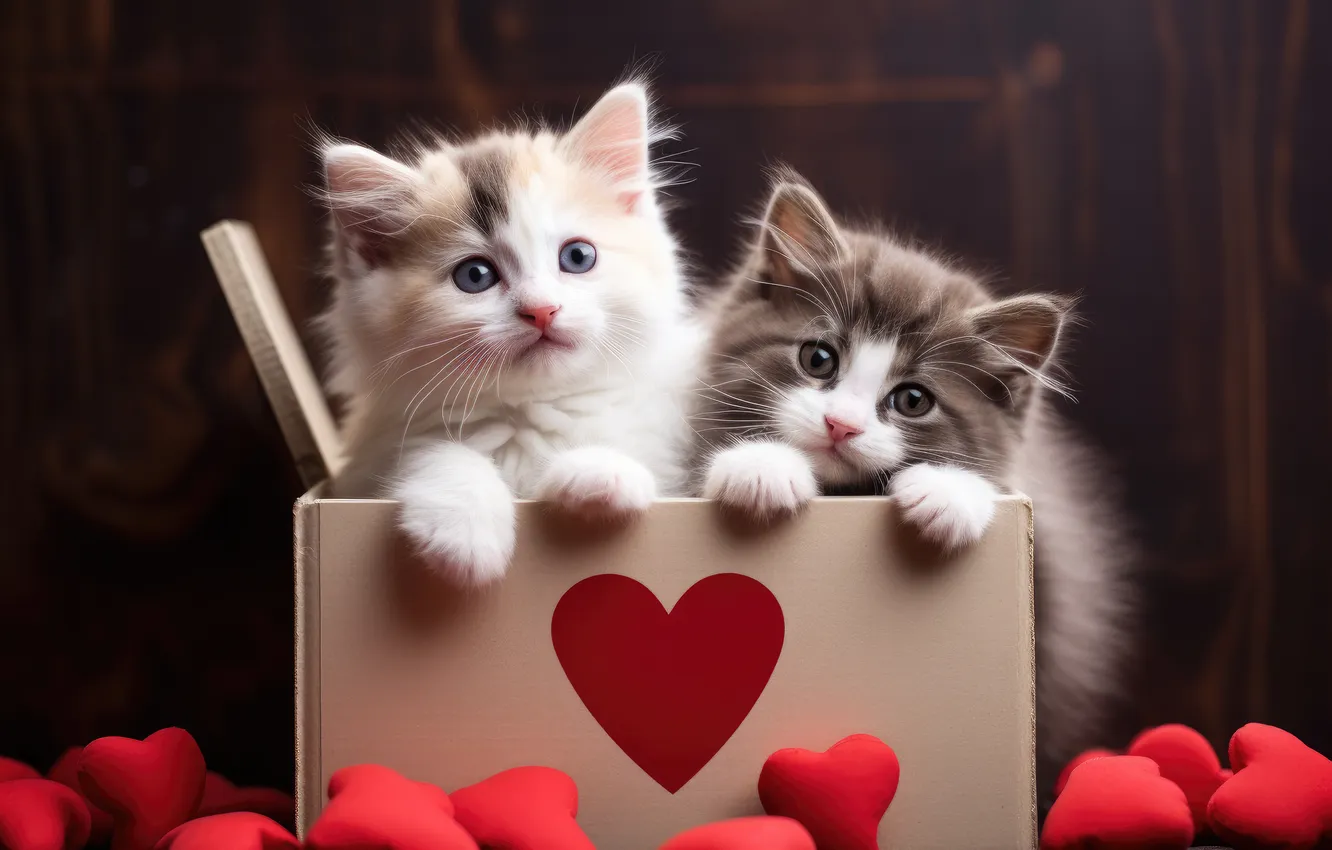 Фото обои белый, взгляд, кошки, поза, темный фон, котенок, коробка, подарок