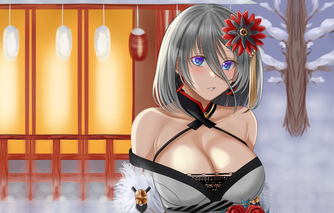 Фото обои girl, sexy, cleavage, blouse, boobs, anime, beautiful, short hair