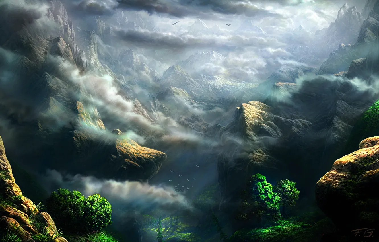 Фото обои зелень, облака, деревья, горы, скалы, высота, арт, Fel-X