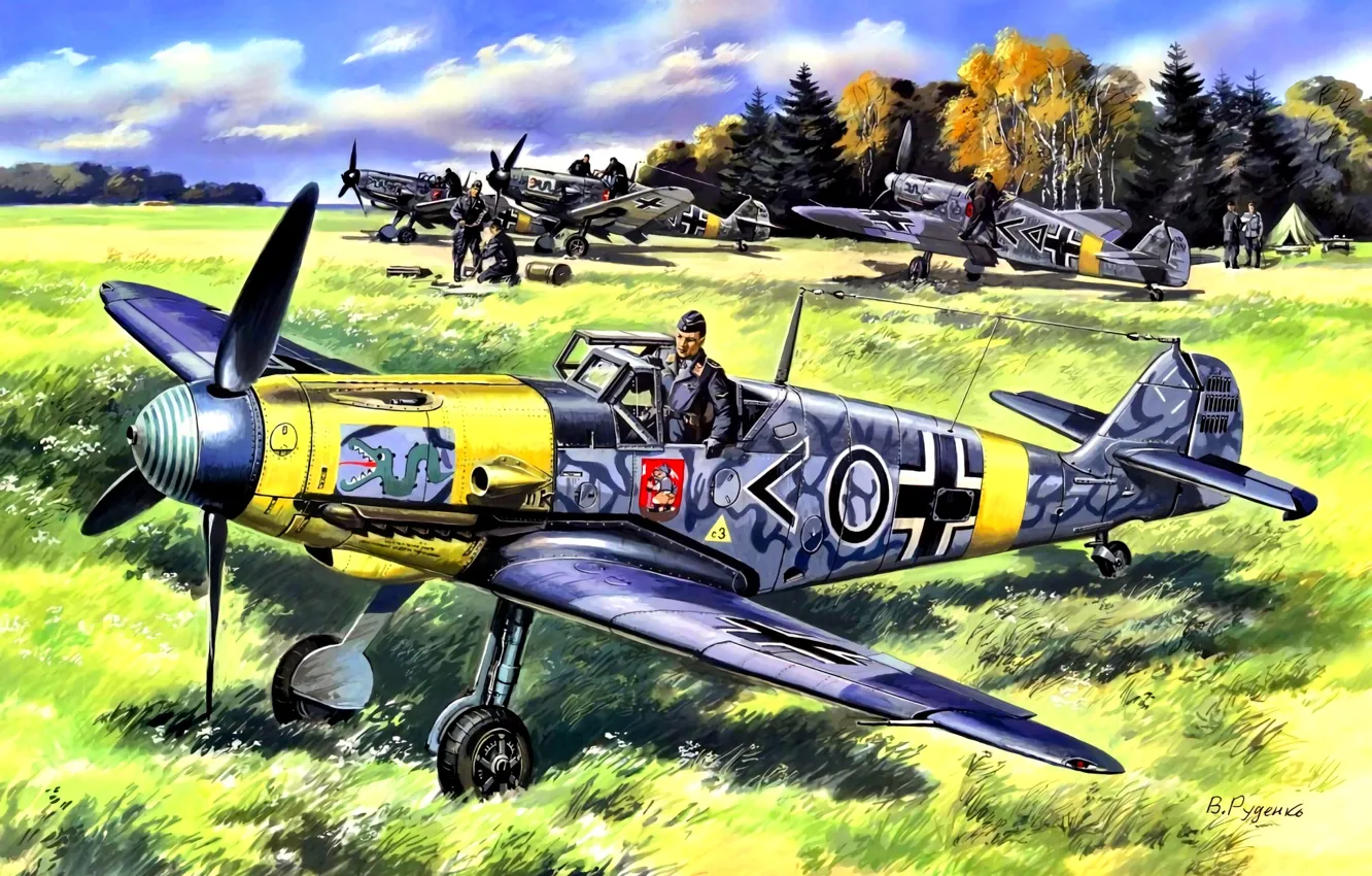Фото обои трава, Лес, аэродром, Messerschmitt, лётчик, авиатехники, JG3''Udet'', Bf.109F-2