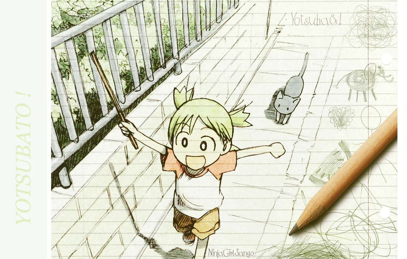 Фото обои котенок, забор, зеленые волосы, веселье, Yotsubato, бегом, by Kiyohiko Azuma, Yotsuba Koiwai