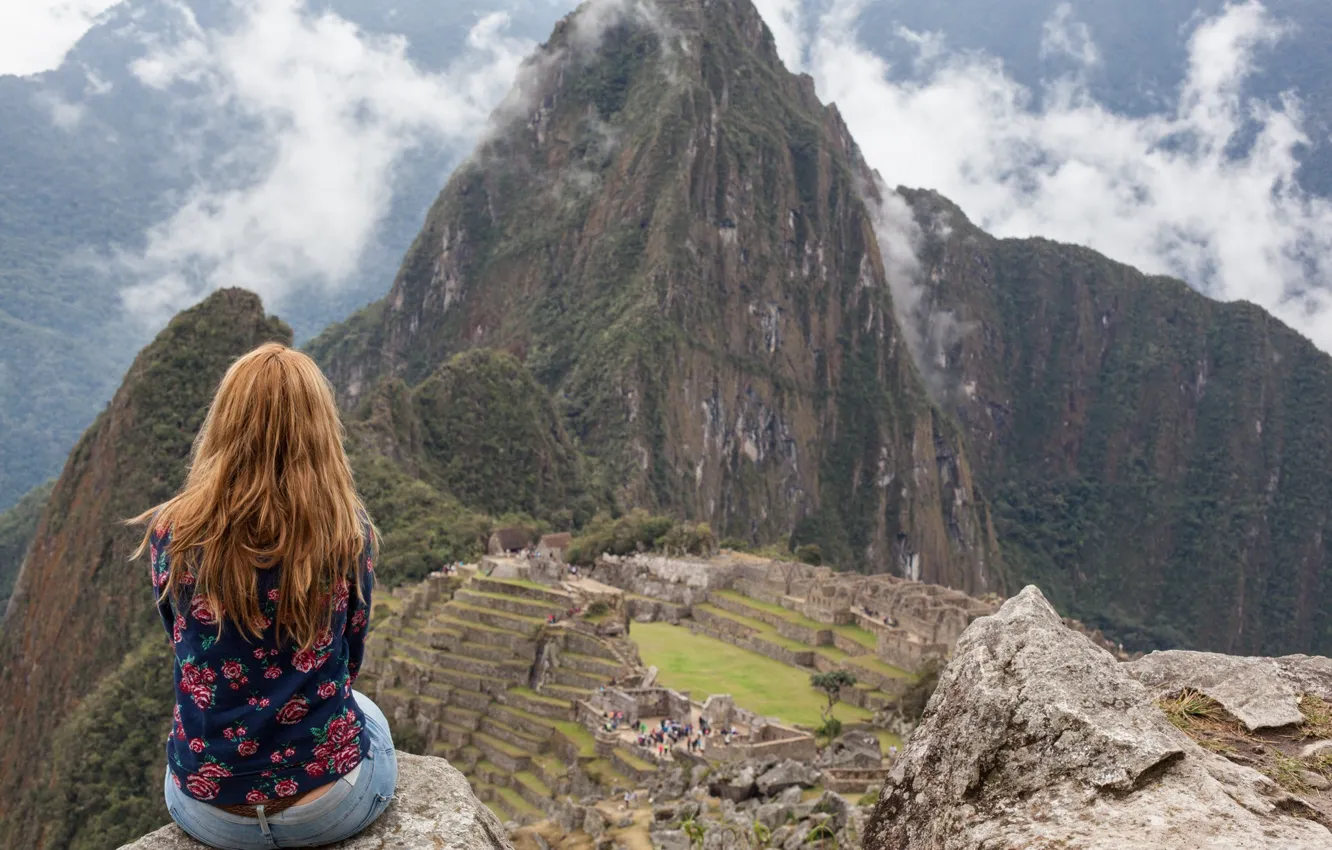 Фото обои girl, landscape, nature, clouds, Peru, Machu Picchu