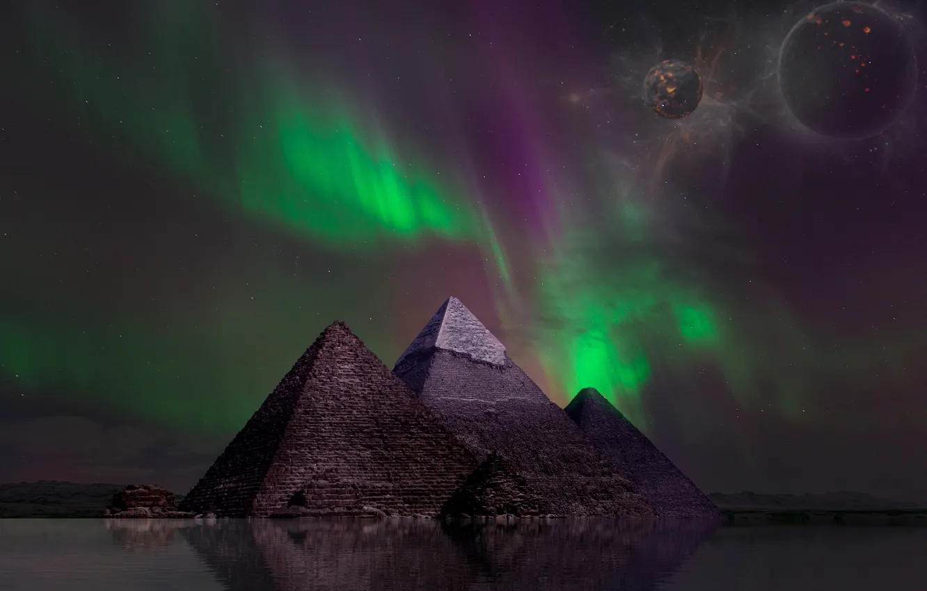 Фото обои космос, ночь, рендеринг, фантастика, планеты, северное сияние, пирамиды, водоем