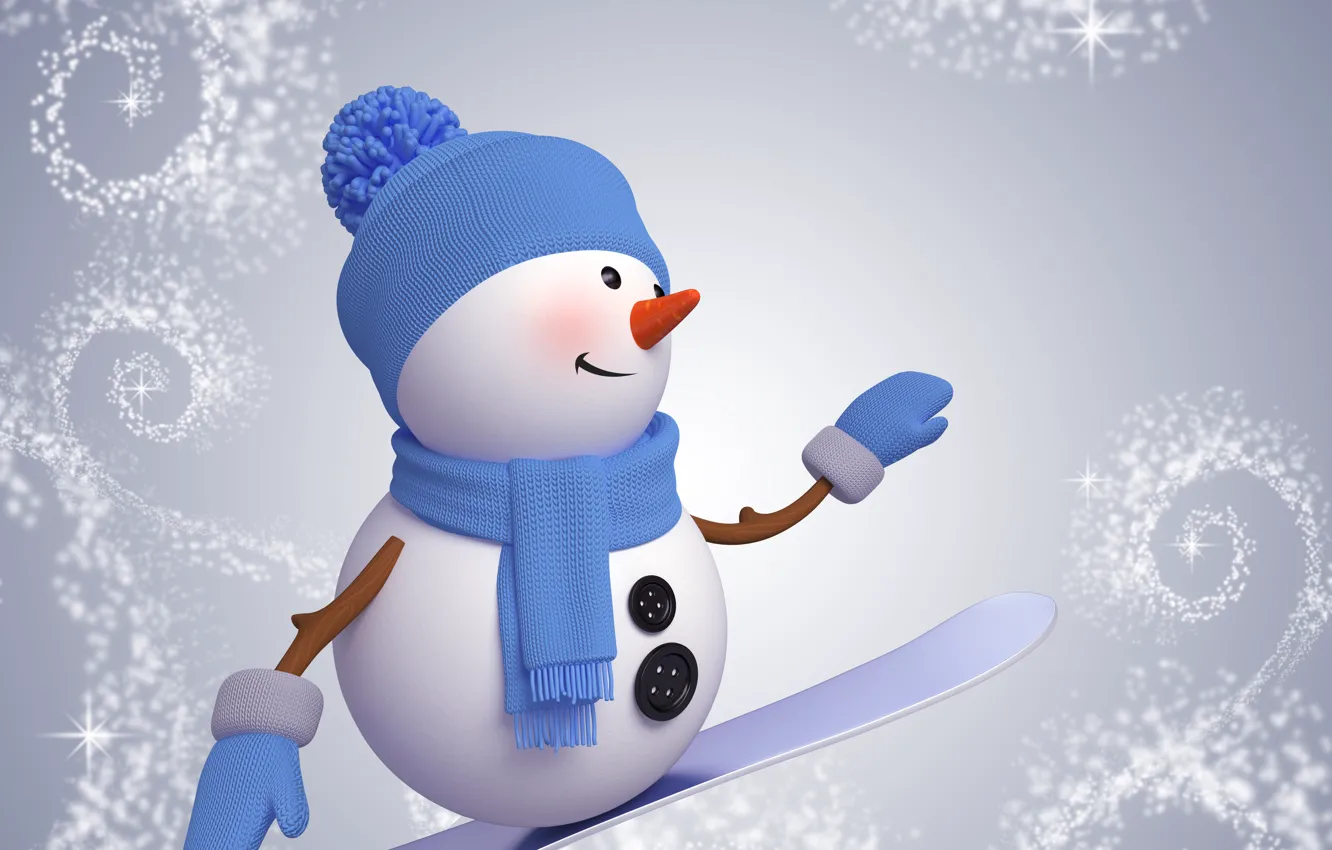 Фото обои зима, снег, сноуборд, снеговик, christmas, new year, cute, snowman
