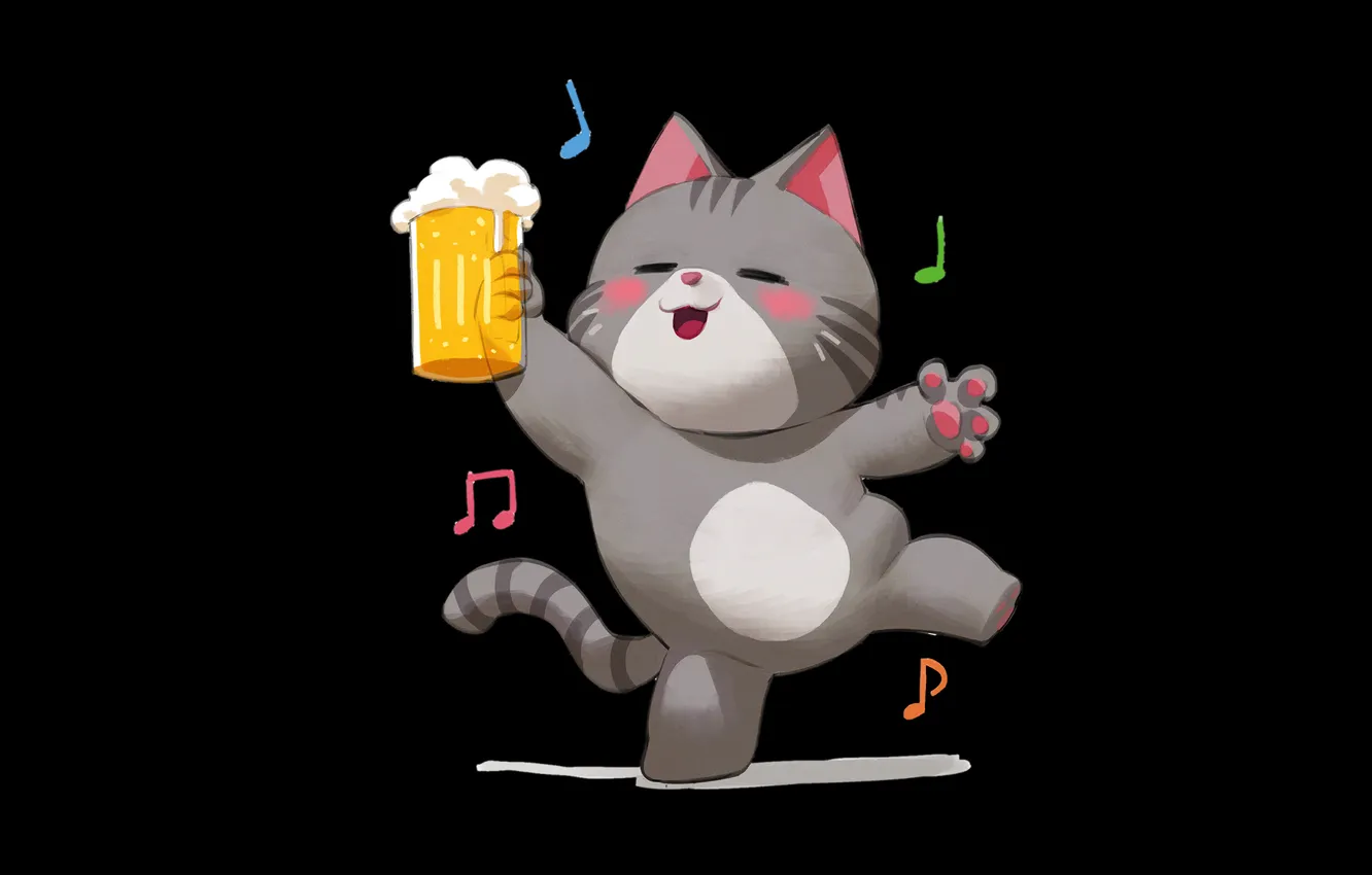 Фото обои beer, cats, black background, open mouth, alcohol, simple background, closed eyes, Drunk