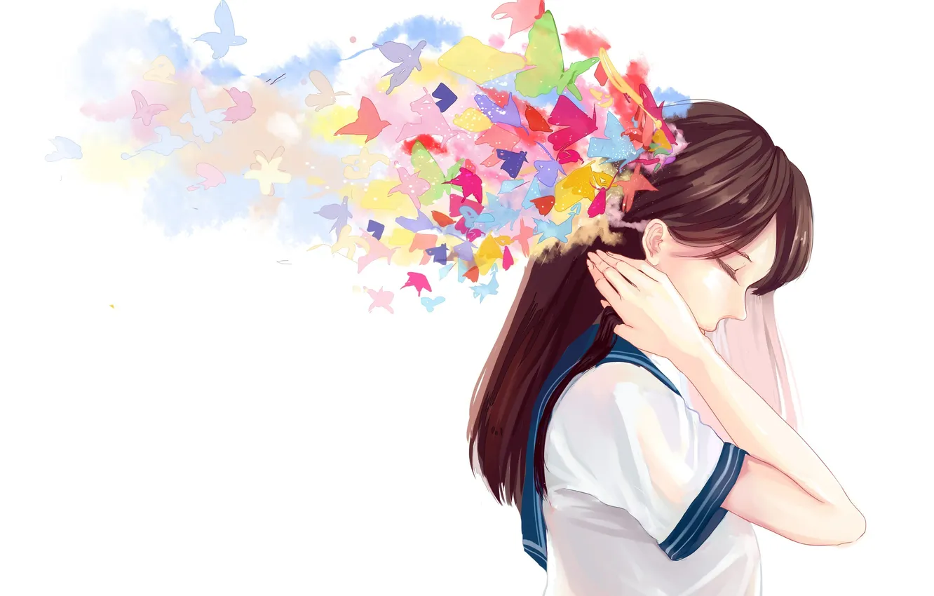 Фото обои девушка, бабочки, цветные, арт, белый фон, профиль, mimi tsukue