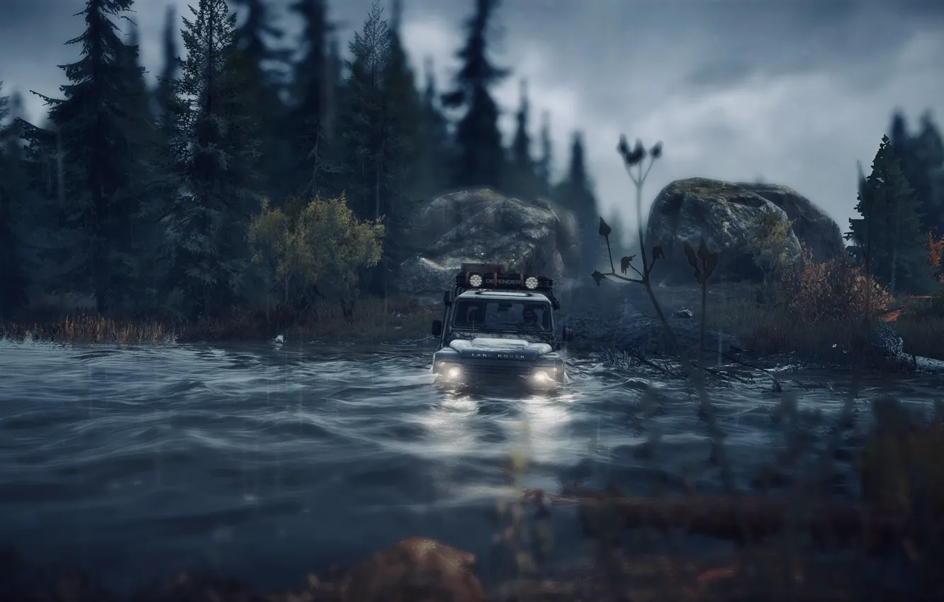 Фото обои HDR, Light, Land Rover, Clouds, Wood, Water, Rain, Game