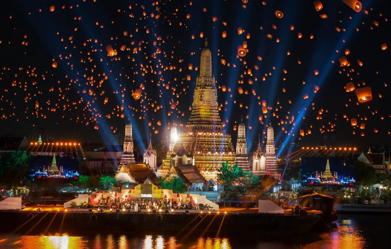 Фото обои ночь, город, праздник, здания, Таиланд, Тайланд, Бангкок, фонарики